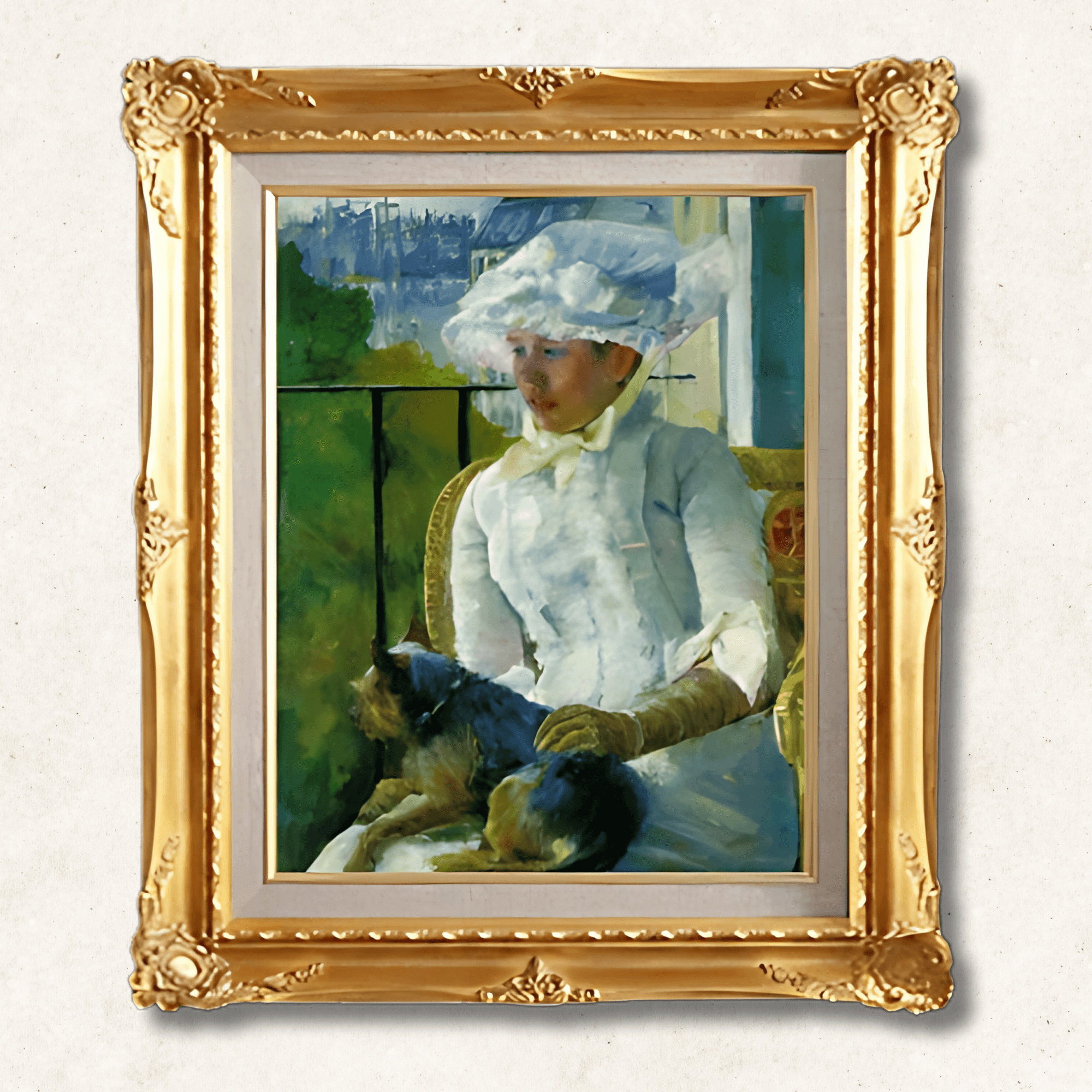 Susan on a Balcony Holding a Dog — Mary Cassatt | 1883 Impressionist Masterpiece | Hand-Painted Oil Reproduction | Framed - Galerie Eclat